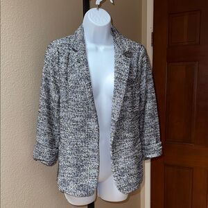 Skies Are Blue Asa Textured Tweed Open Jacket Navy Blue White Women's Size S